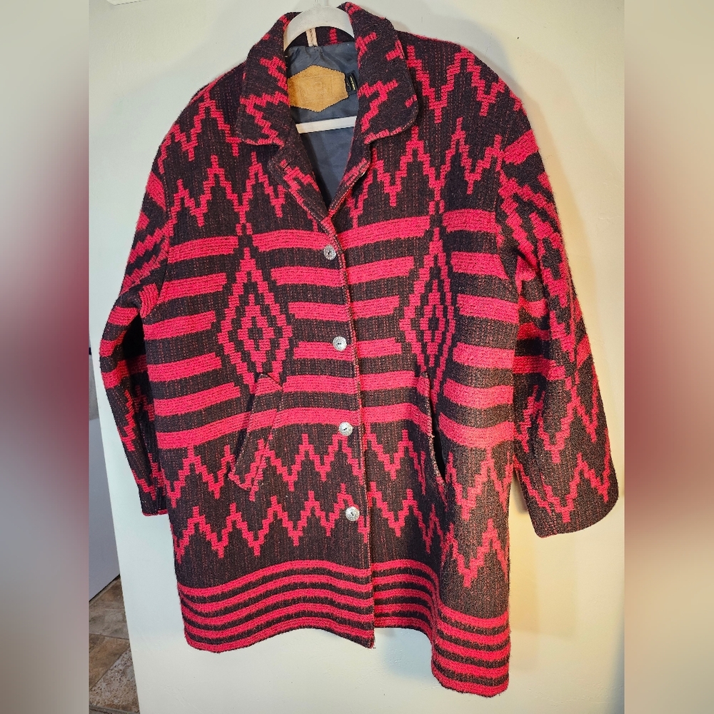 Woolrich Vintage Black & Red Wool Blanket Coat Southwest/Mesa Sz L